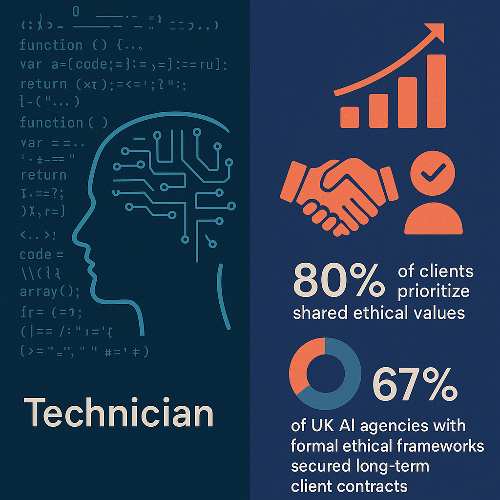 Image 4_ Symbolic comparison image illustrating the shift in mindset in the AI agency landscape from the blog, contrasting the Technician focus with the Business Owner value-driven approach. The left side visually represents a technical