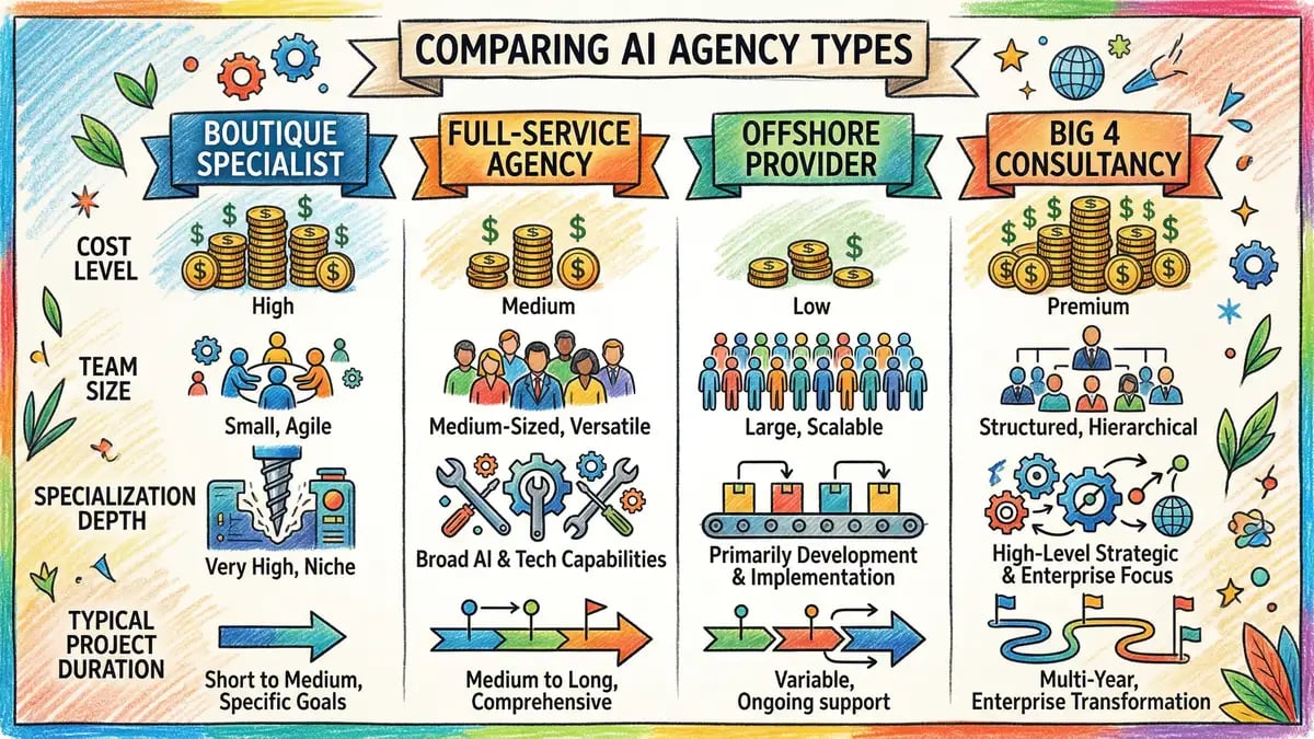 Comparison of AI agency types: boutique specialist, full-service, offshore, and Big 4 consultancy