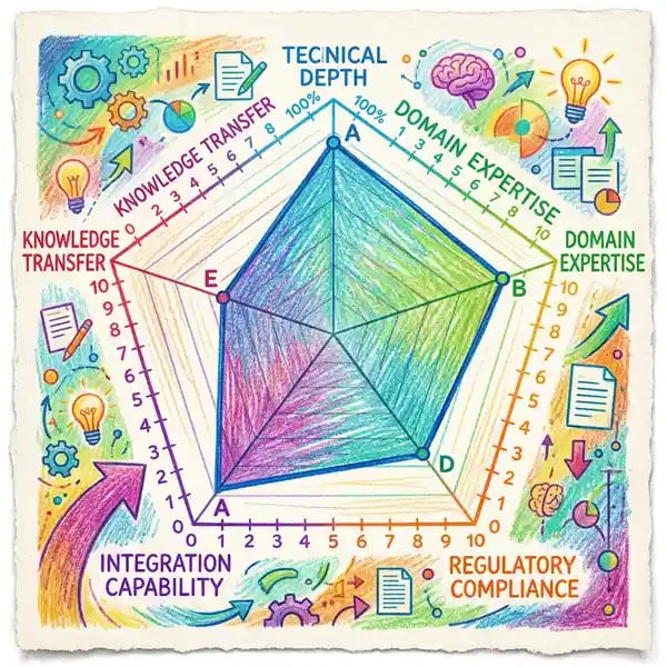 Agency evaluation radar chart showing technical depth, domain expertise, compliance, integration, and knowledge transfer