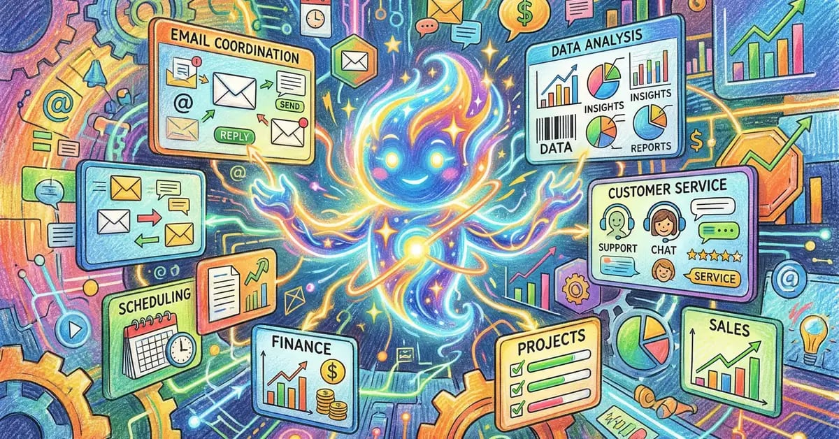 Pencil-crayon illustration of an autonomous AI agent coordinating multiple business tasks on floating screens