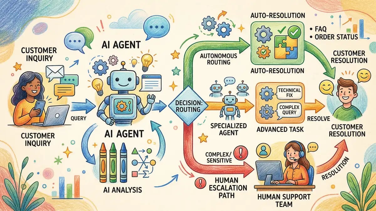 Pencil-crayon illustration of an AI agent workflow showing autonomous task routing from customer inquiry to resolution