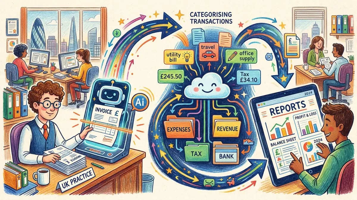 Automated bookkeeping workflow with AI scanning invoices and generating financial reports