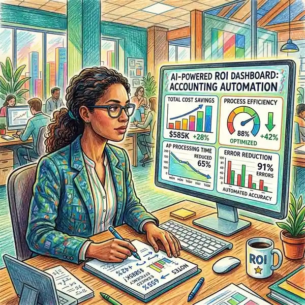 Finance director analysing AI-generated ROI dashboard for accounting automation