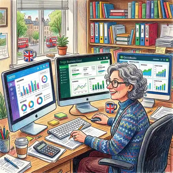 UK accountant reviewing AI accounting tool dashboards