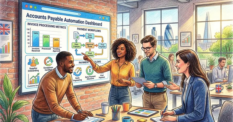 UK finance team reviewing AI-powered accounts payable automation dashboard