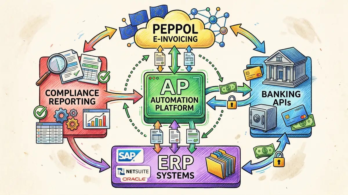 System integration diagram showing AP automation platform connecting ERP, procurement, banking, and compliance systems