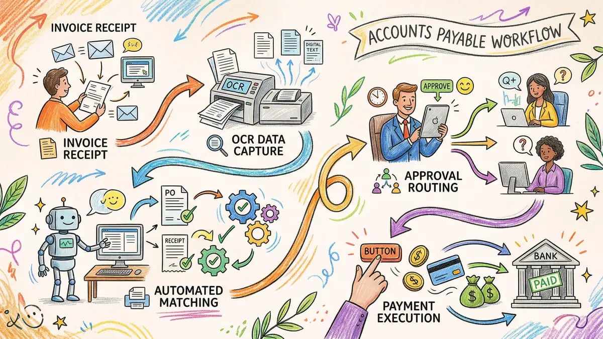 AI-powered accounts payable workflow showing invoice capture, validation, approval routing, and payment execution