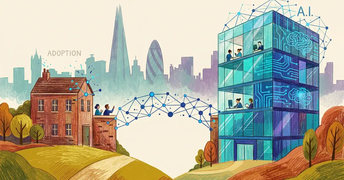 UK business landscape illustrating the digital divide in AI adoption, with a modern tower connected to a traditional building by data bridges