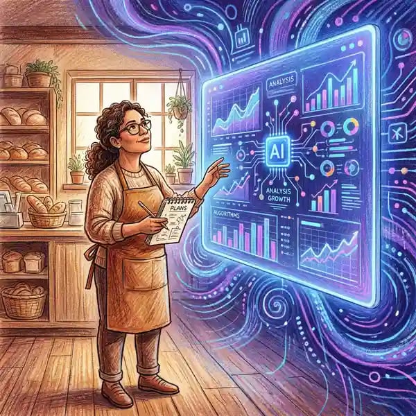 Small business owner examining AI-powered analytics dashboard, illustrating the digital divide in UK AI adoption