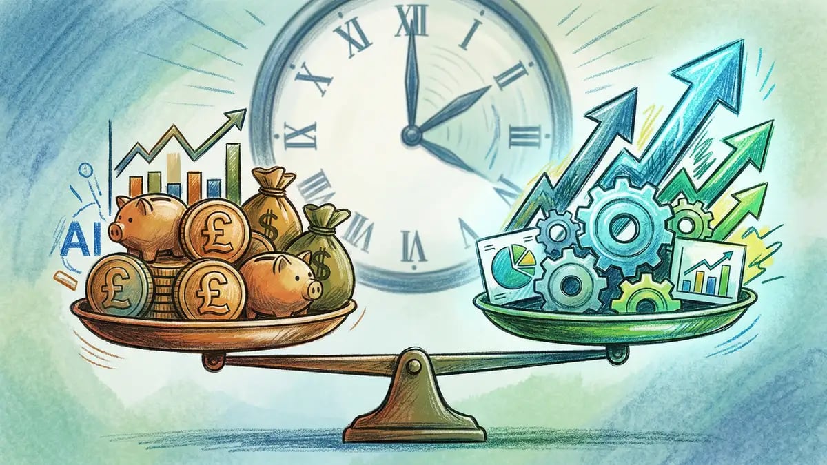 Balance scale illustrating ROI from AI adoption showing investment versus productivity gains over a 2-4 year timeline