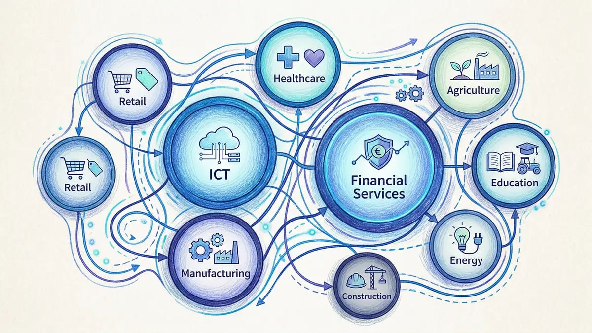 AI adoption across UK business sectors showing varying levels of maturity from ICT leading at 43-51% to construction lagging at 6%