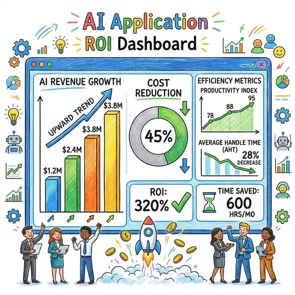 AI application ROI dashboard showing efficiency metrics and cost reduction indicators
