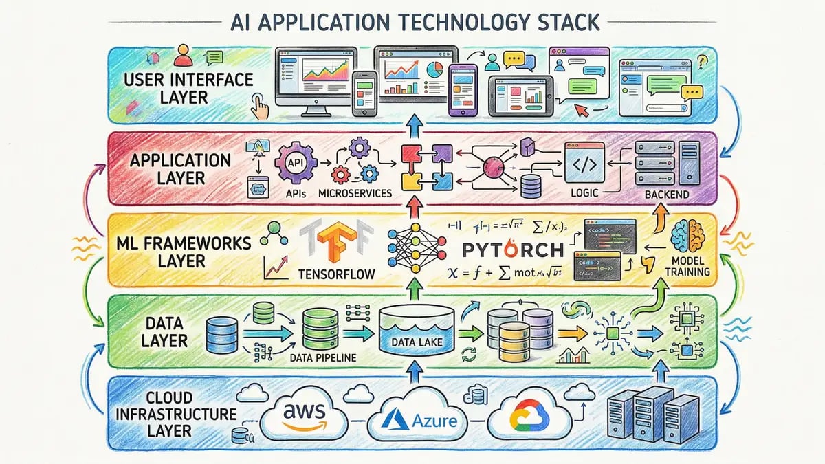 AI application technology stack layers showing cloud infrastructure, data, ML frameworks, and application tiers