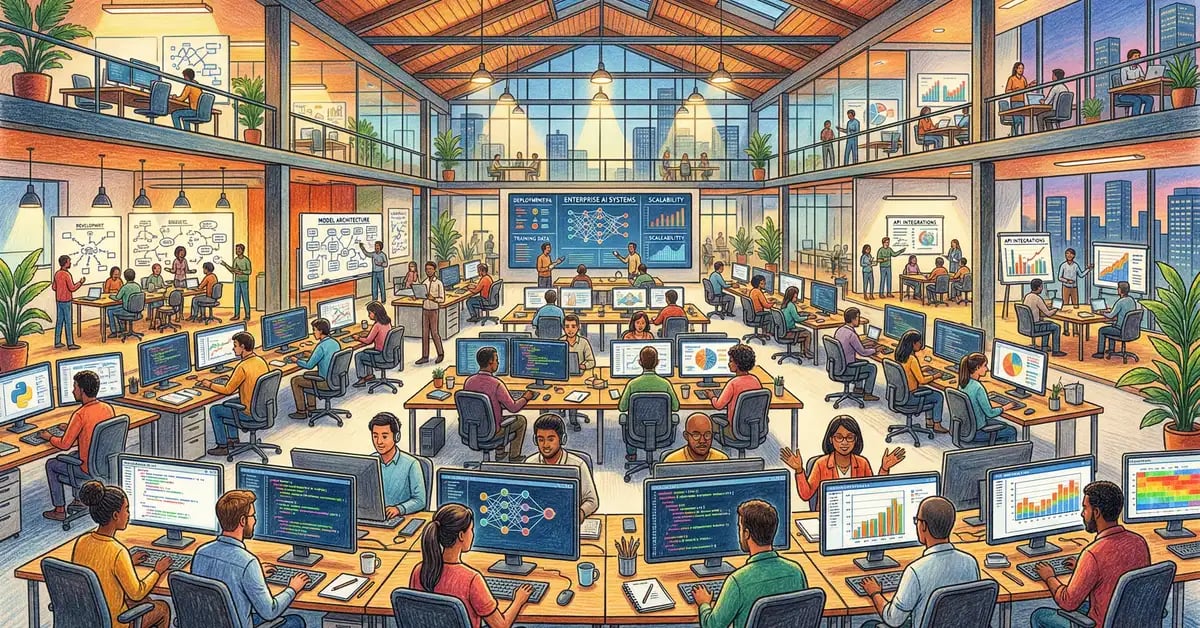 Enterprise AI application development team working with code and neural network visualisations