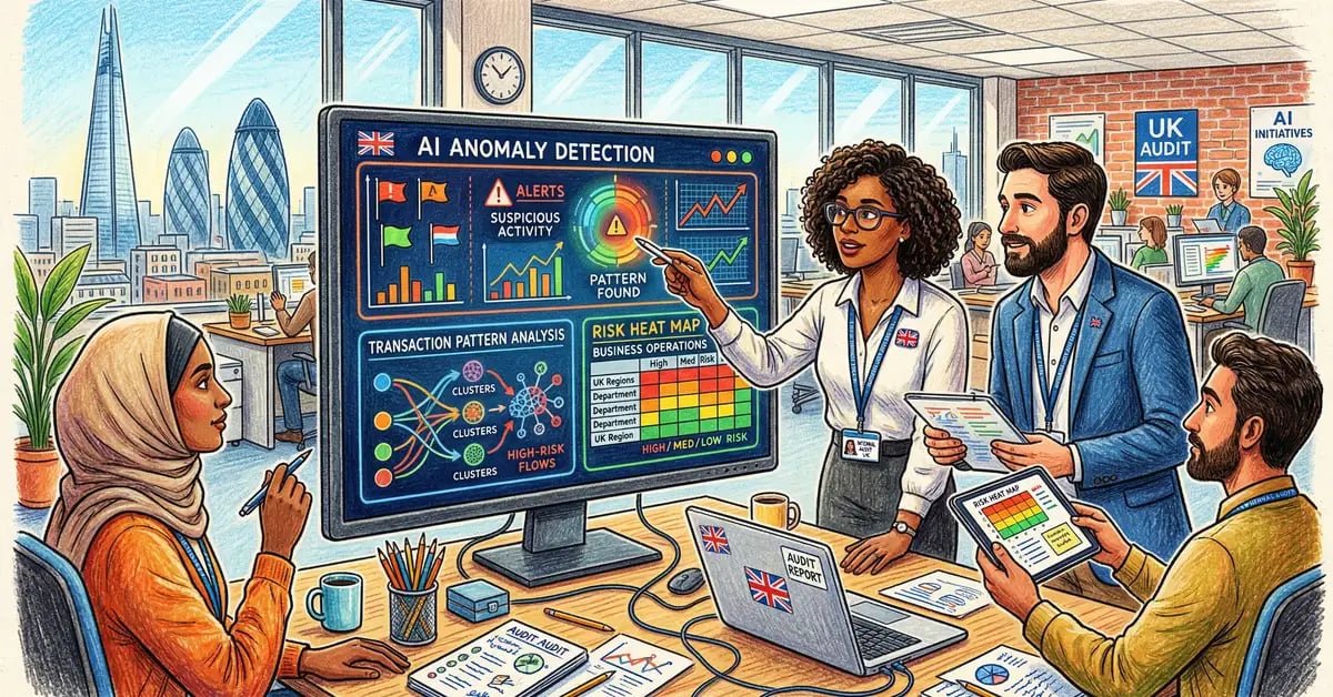UK internal audit team examining AI anomaly detection alerts and risk heat maps