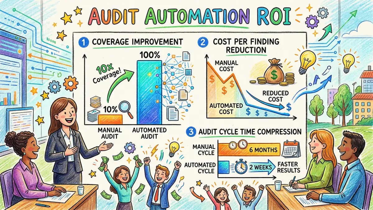 Business case analysis showing ROI timeline and cost savings from AI audit platform deployment