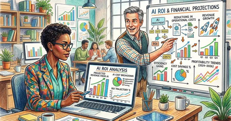 Business case for AI investment showing ROI calculations, cost benchmarks, and timeline planning for UK organisations