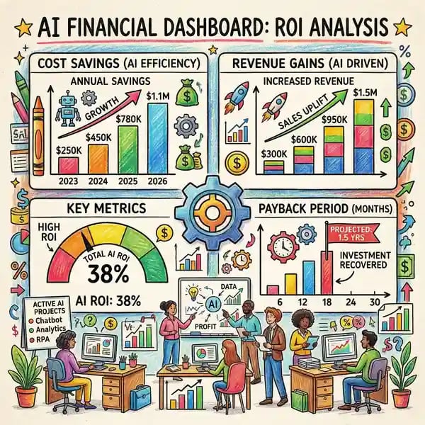 Financial dashboard showing AI ROI calculations with cost savings and payback metrics
