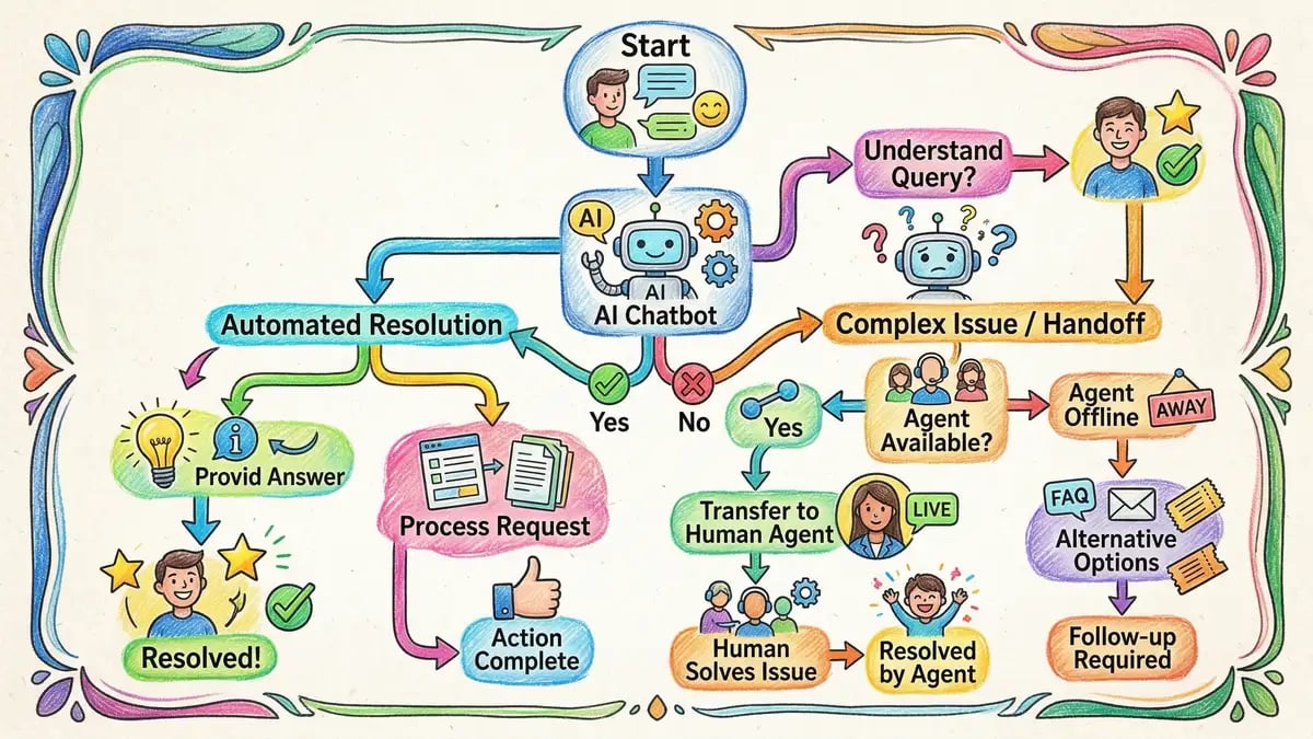 AI chatbot conversation flow showing customer query routing and resolution paths