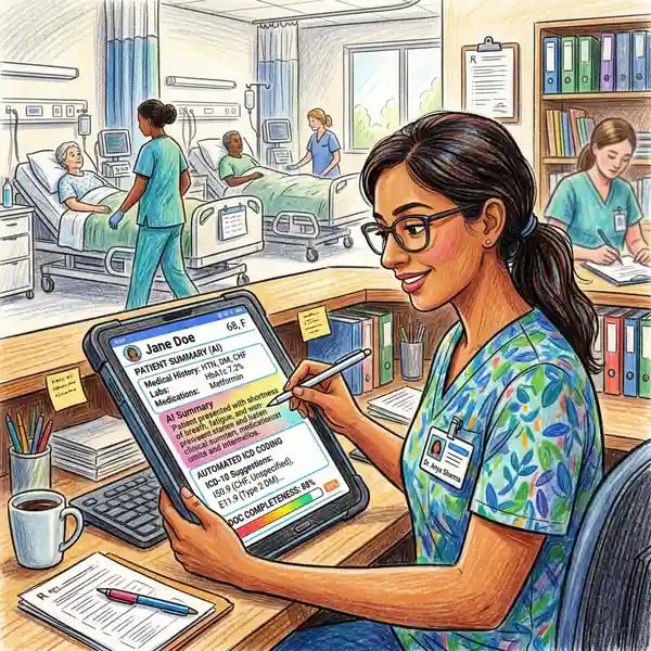 Medical records analyst reviewing AI-generated clinical summaries with automated ICD coding suggestions