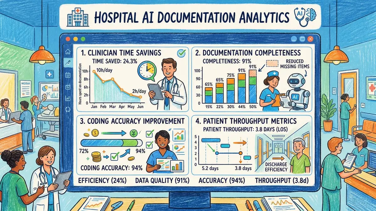 Hospital administration dashboard showing AI documentation analytics and clinician time savings