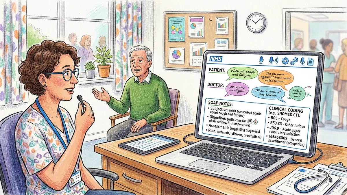 Doctor using AI voice-to-text software during patient consultation with real-time SOAP note transcription