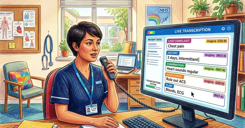 Clinician using AI ambient documentation during patient consultation with automated transcription