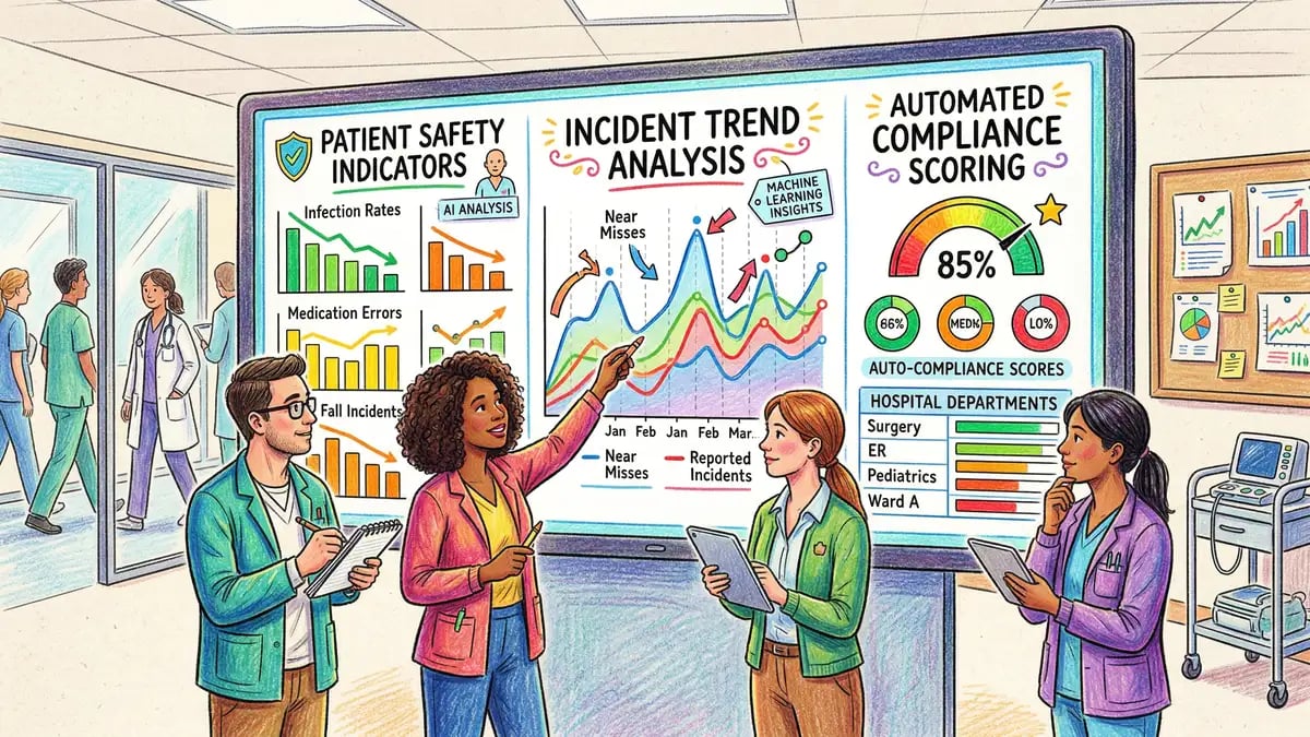 Clinical audit team analysing AI-generated quality metrics and patient safety indicators