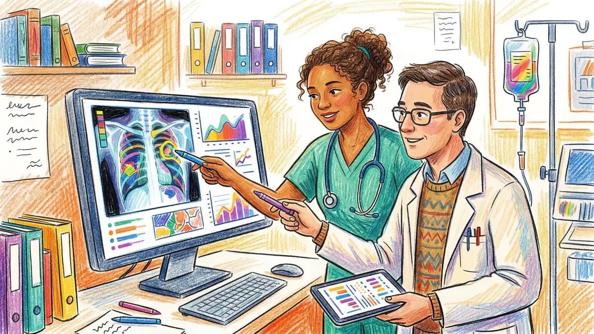 Healthcare professional and data scientist reviewing AI diagnostic system outputs on a clinical workstation