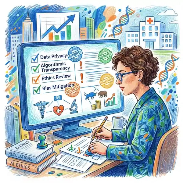 Compliance officer reviewing AI governance documentation with regulatory checkboxes