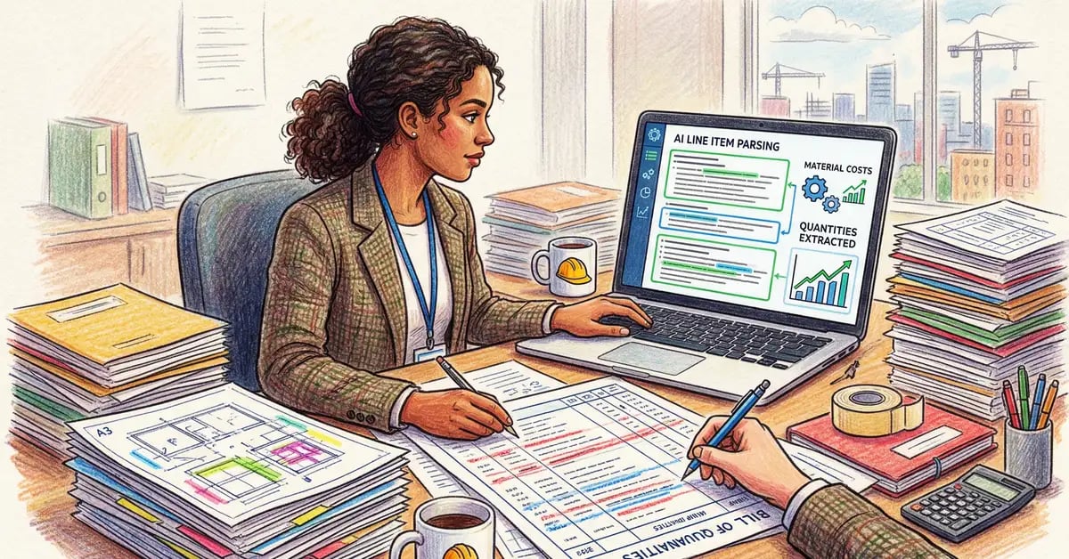 UK construction quantity surveyor reviewing building documents and bills of quantities with AI document analysis interface on laptop
