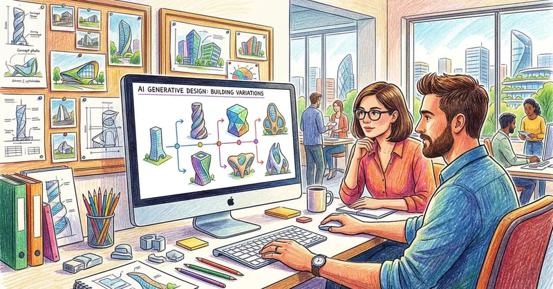 AI generative design for architecture showing multiple building design variations on architect workstation