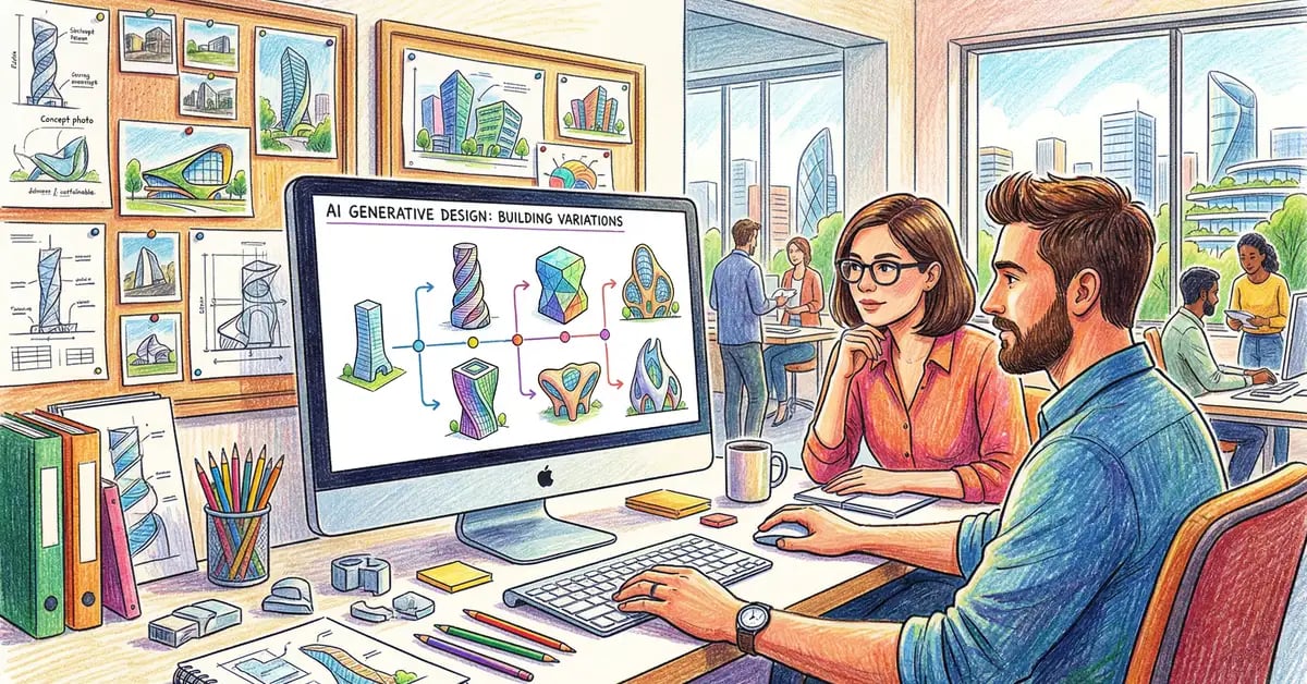 AI generative design for architecture showing multiple building design variations on architect workstation