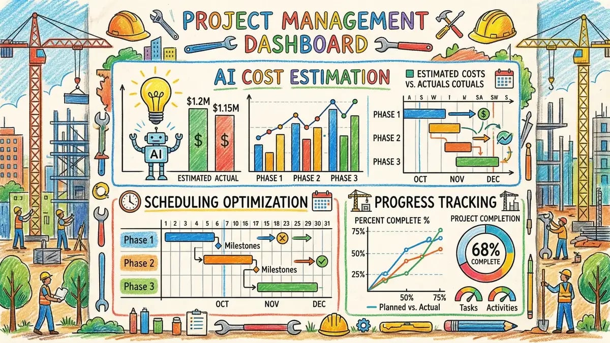 AI-powered construction planning dashboard showing project timeline, cost estimates, and resource allocation