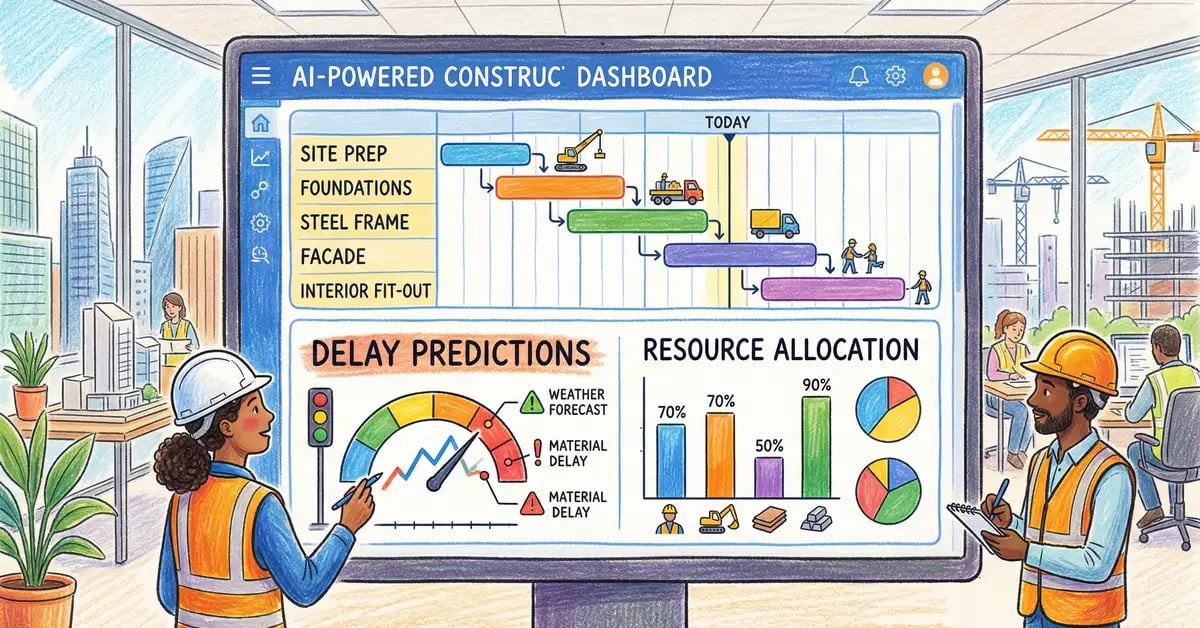 AI-powered construction project management dashboard showing Gantt charts and delay predictions