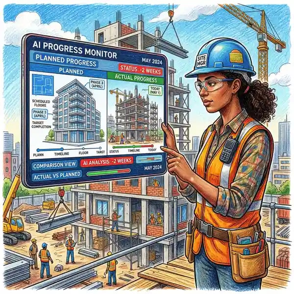 Construction site manager using AI progress monitoring on tablet