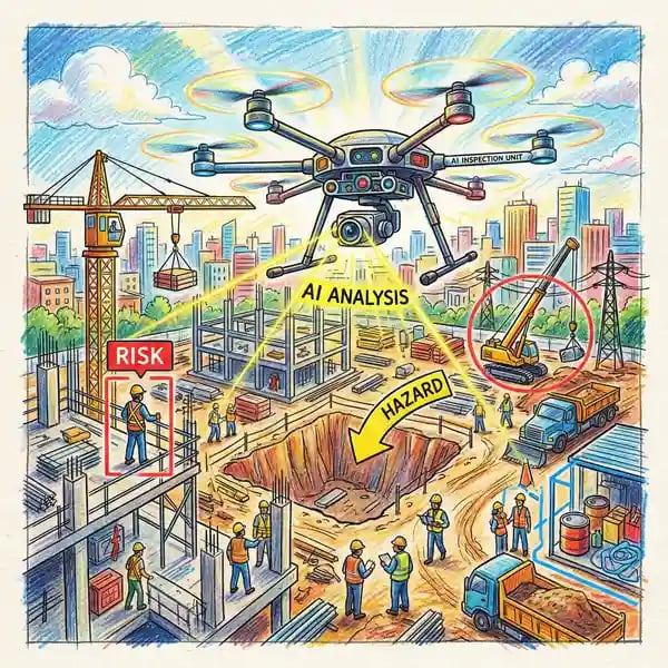 Drone performing AI-powered safety inspection over construction site