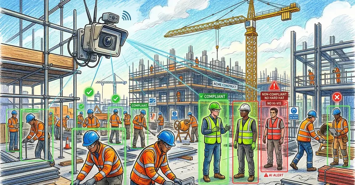 AI-powered safety monitoring on UK construction site with computer vision PPE compliance detection