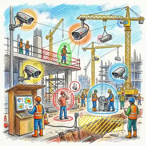 AI safety monitoring system detecting PPE compliance on construction site