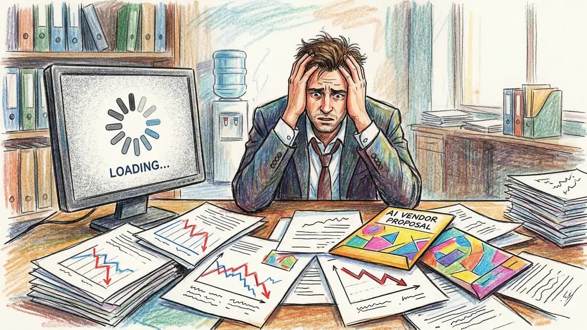 Illustration of a frustrated business executive surrounded by failed AI project reports and declining metrics, representing the common experience of wasted AI investment