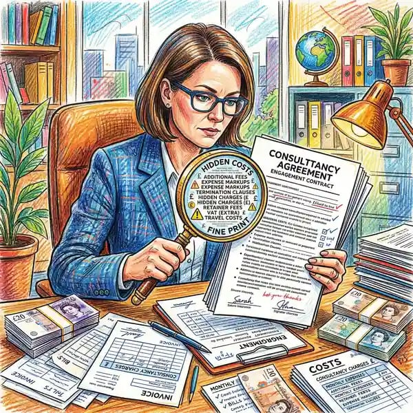 Business professional examining hidden costs in AI consultancy contracts with magnifying glass
