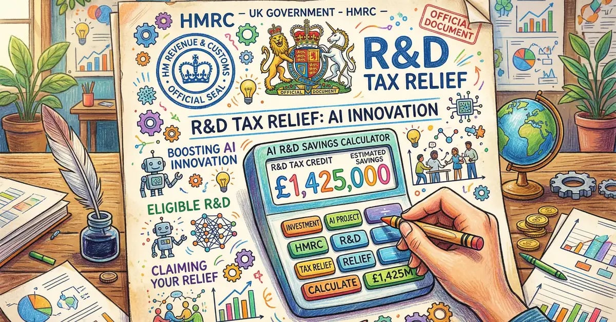 UK HMRC R&D tax relief documentation for AI consultancy investments showing calculator and government forms