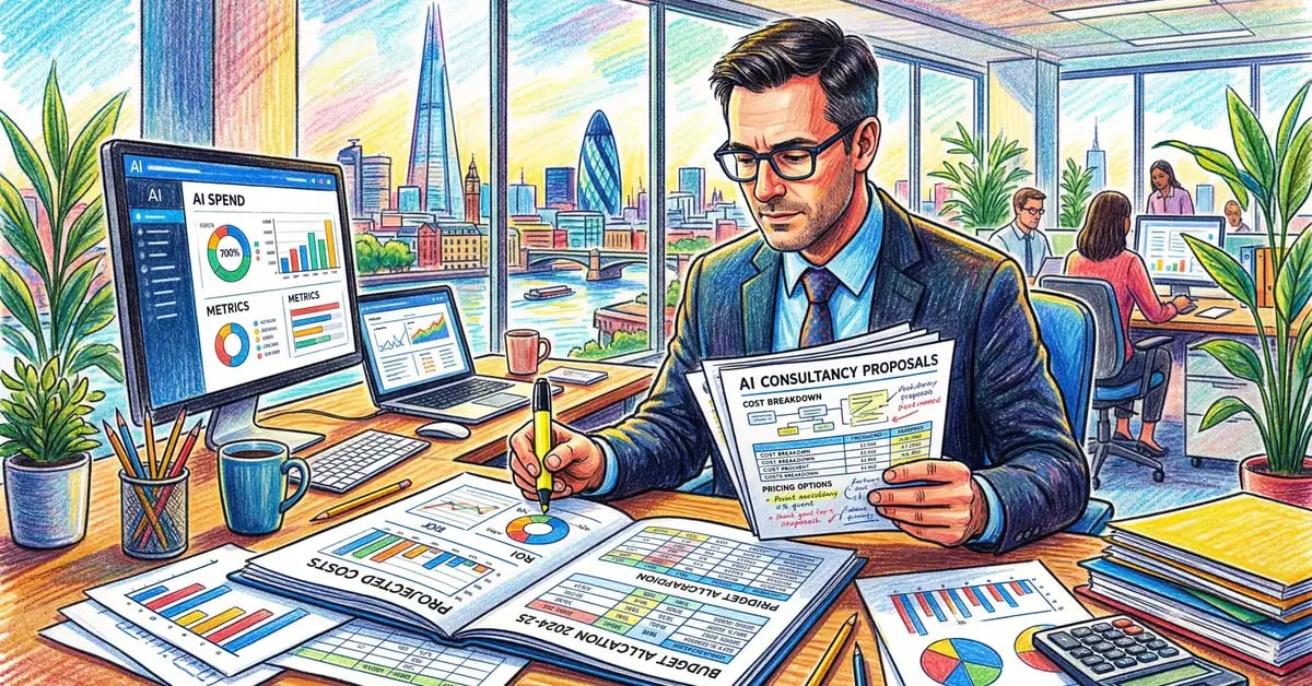 UK business professional reviewing AI consultancy pricing proposals and cost documents at modern office desk