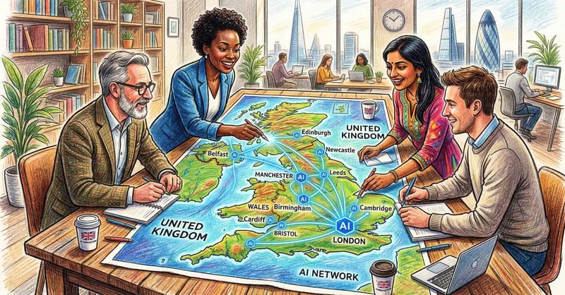 Pencil-crayon illustration of UK business leaders reviewing an AI technology map of the United Kingdom