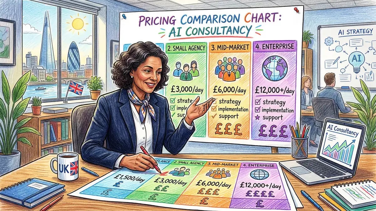 Pencil-crayon illustration of a UK business executive comparing AI consultancy pricing tiers from freelance to enterprise engagements