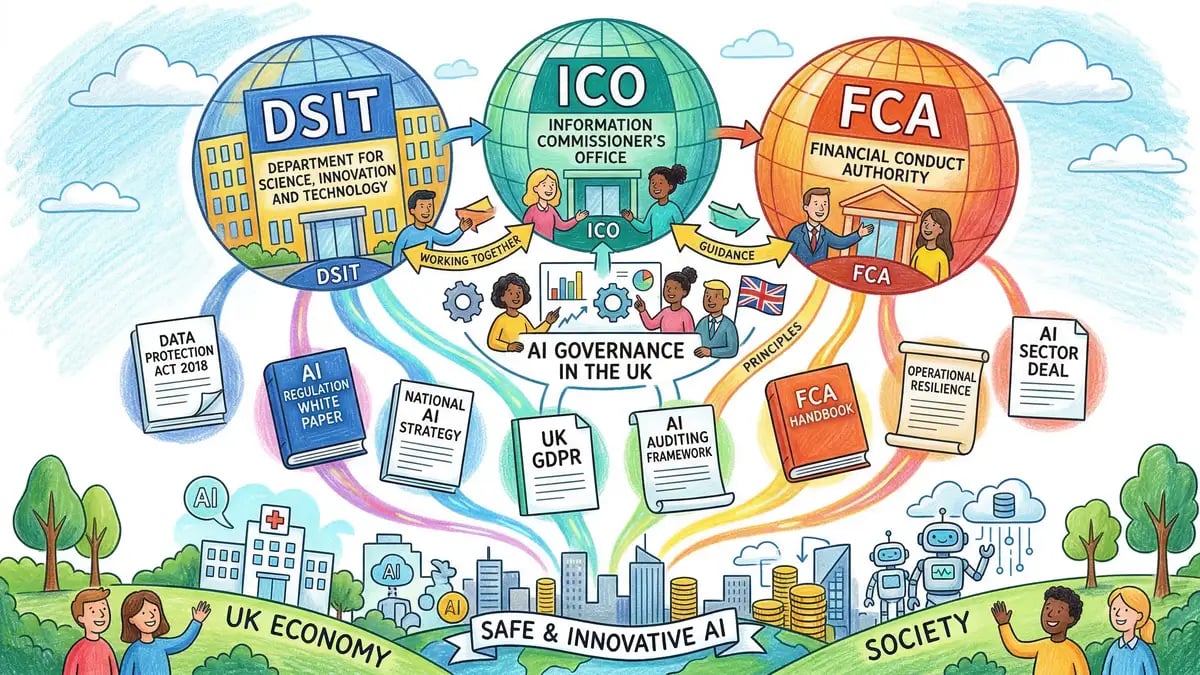 Pencil-crayon illustration of the UK AI regulatory framework showing ICO, FCA, and DSIT working together on governance