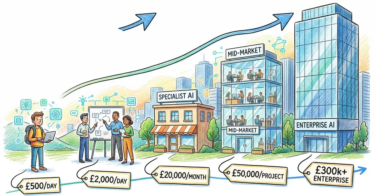Illustration showing AI consultancy pricing tiers from freelancer to enterprise, pencil-crayon style