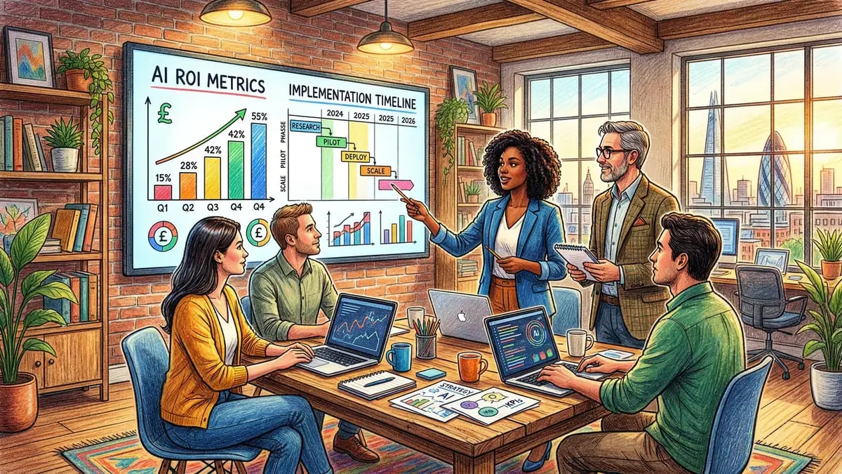 Business team reviewing AI strategy documents and ROI metrics on a large screen in a modern UK consultancy office