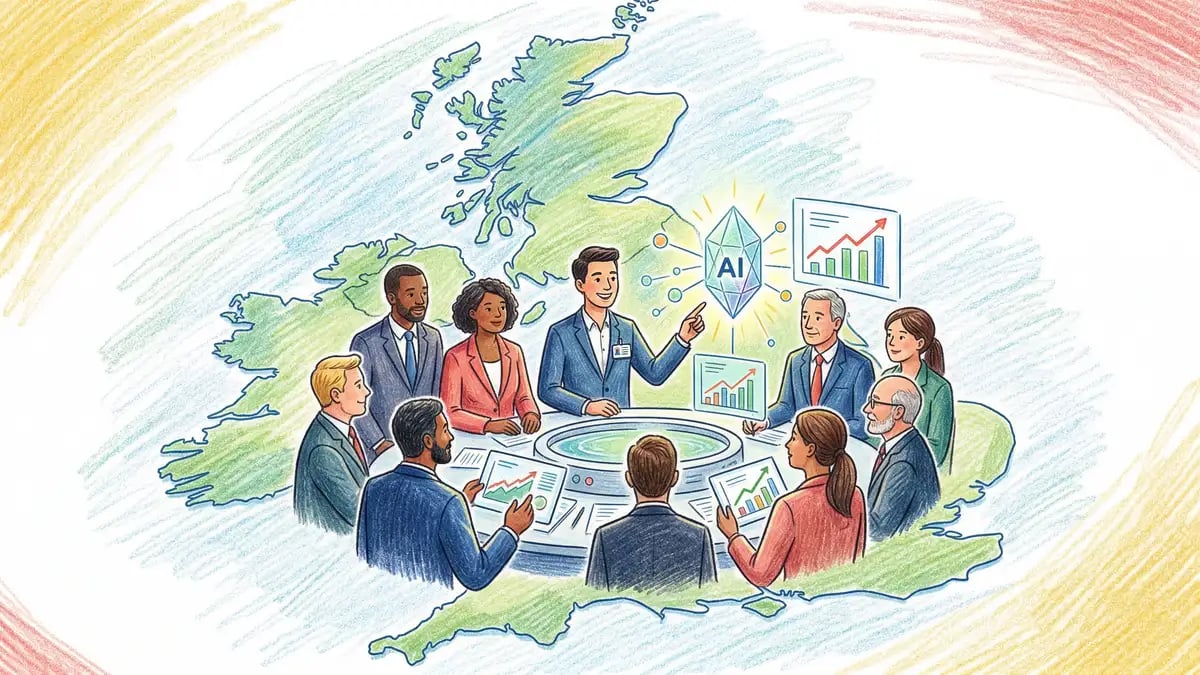 Infographic showing the five phases of an AI consultancy engagement: discovery, strategy, implementation, training, and measurement