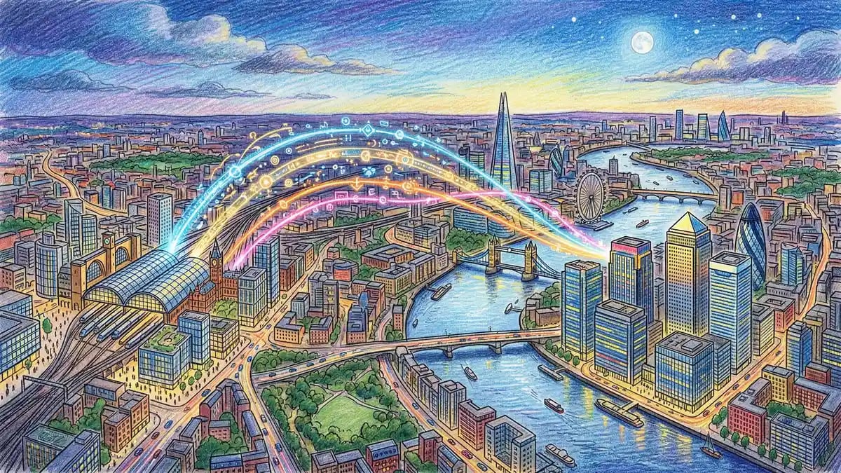 Pencil-crayon illustration of London business district aerial view with Canary Wharf and King's Cross connected by AI data streams
